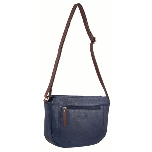 Milleni Ladies Nappa Leather Cross-Body Shoulder Bag - NAVY / CHESTNUT