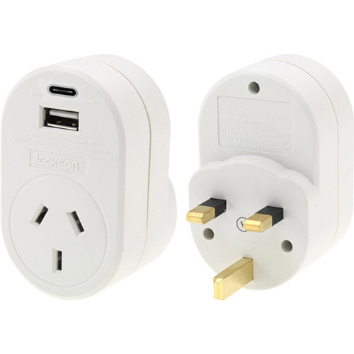 Jackson UK Travel Adaptor -- 1 x USBA & 1 x USBC - 3.1 Amp Total