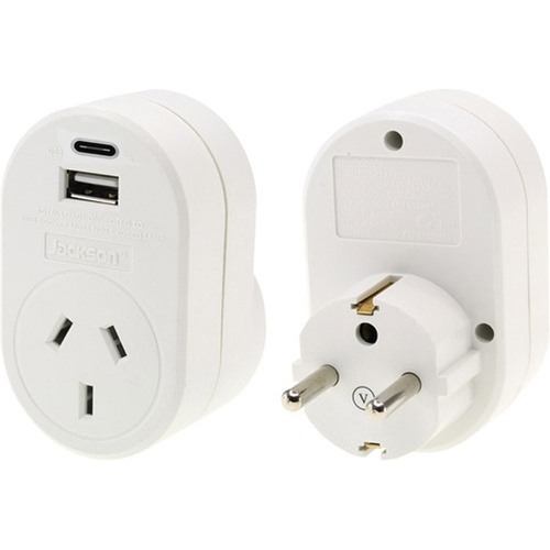 Jackson EURO Travel Adaptor - 1 x USBA & 1 x USBC : 3.1 Amp Total
